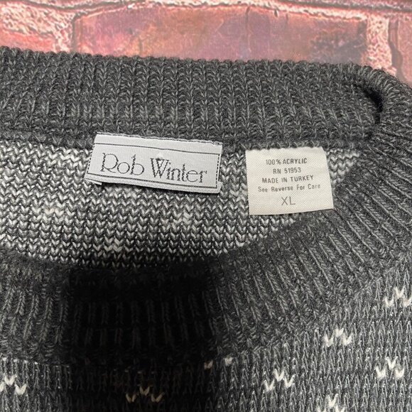 Vintage 90s Knit Sweater Christmas Holidays Geometric White Gray Rob Winter Sz X - Picture 2 of 5